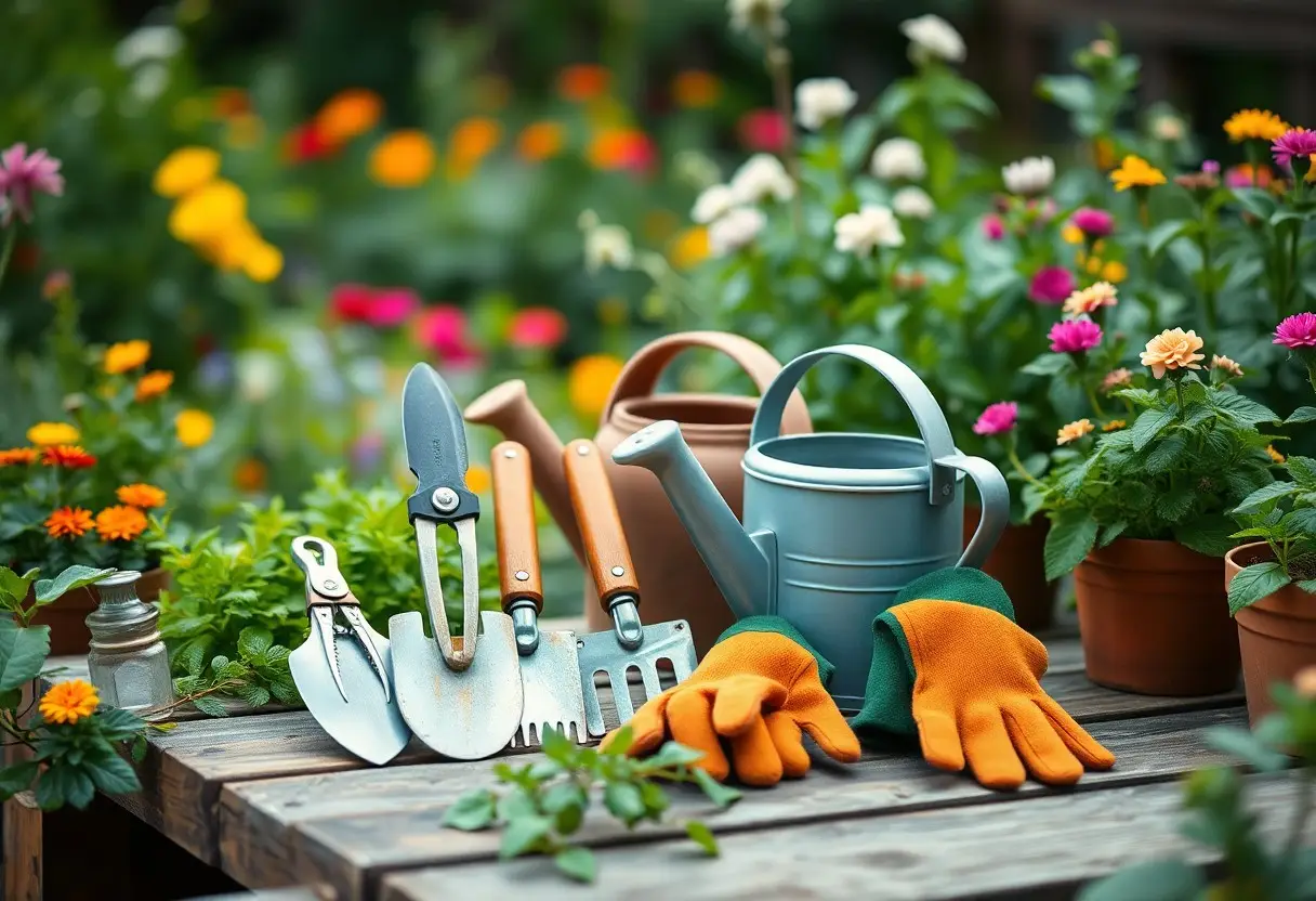 Attractive gardening tools with gloves and watering can on a wooden bench