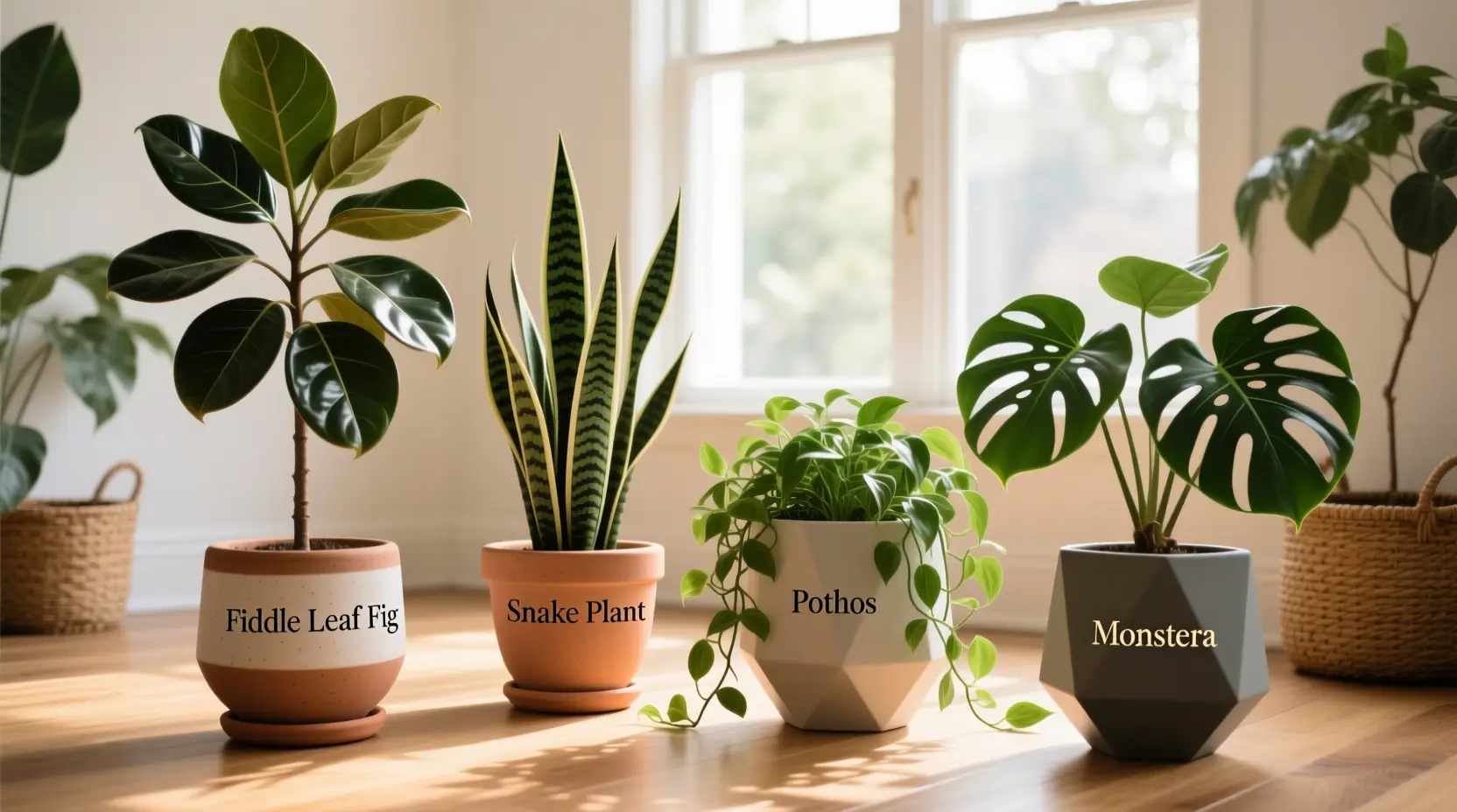 Lush modern indoor houseplants in decorative pots by a sunny window