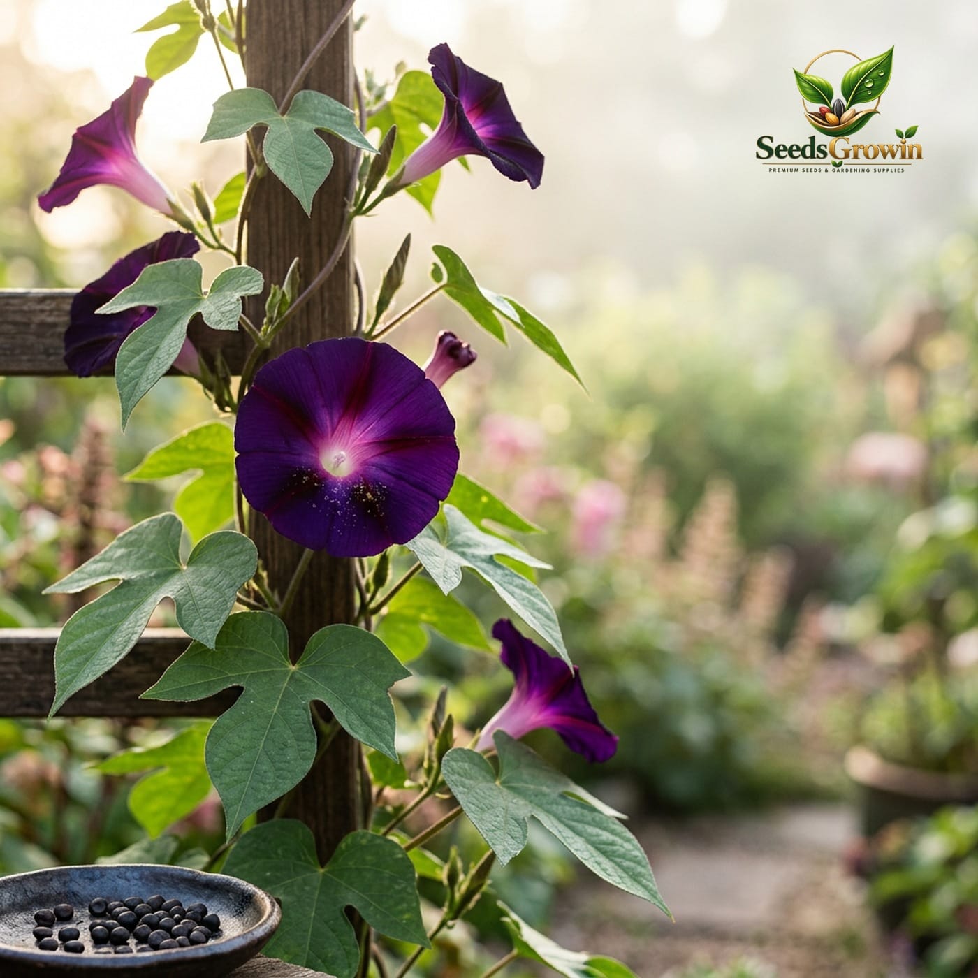 Black Kniolas Morning Glory Seeds – Deep Purple Climbing Vine - photo 2