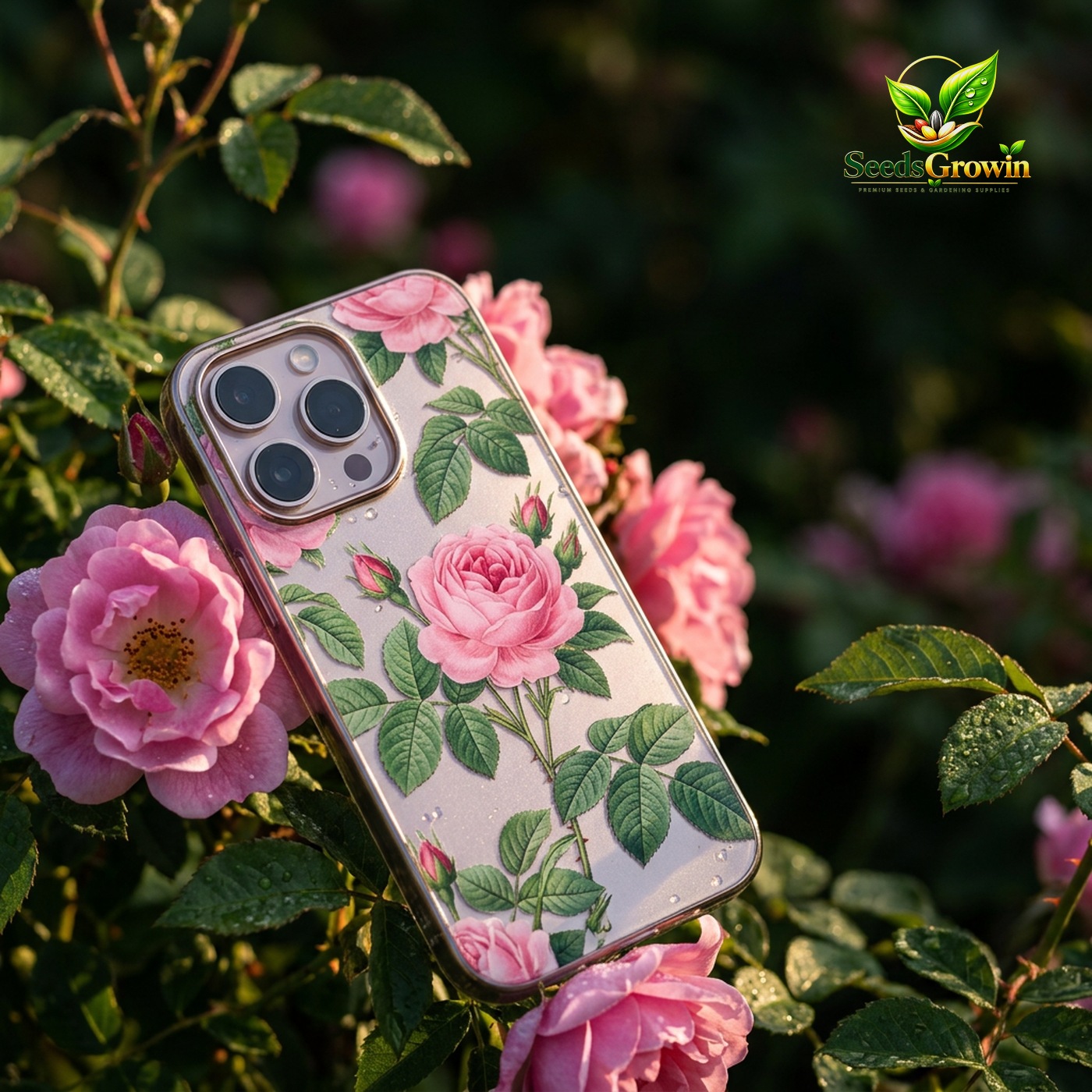 021-Pink-Rose-Pattern-Metallic-Tempered-Glass-Floral-Phone-Case-Protective-Cover product image