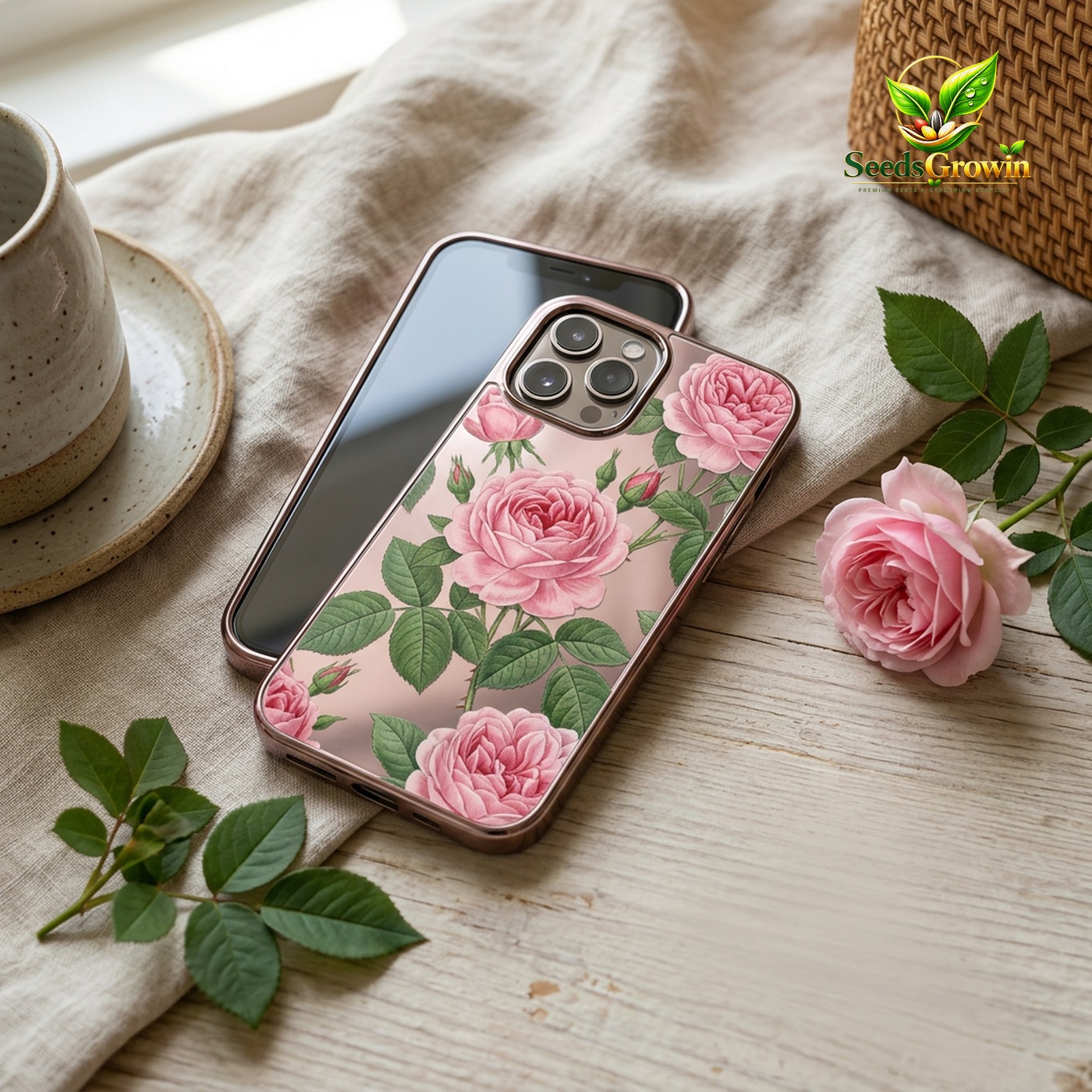 Pink Rose Pattern Metallic Tempered Glass Phone Case – Floral Cover - photo 3