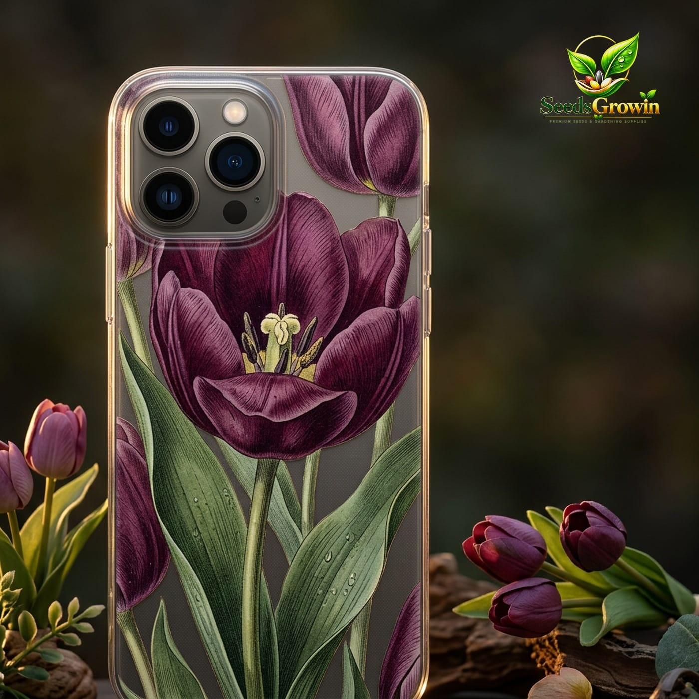025-Vintage-Dark-Purple-Tulip-Floral-Magnetic-Phone-Case-Transparent-Protective-Cover product image