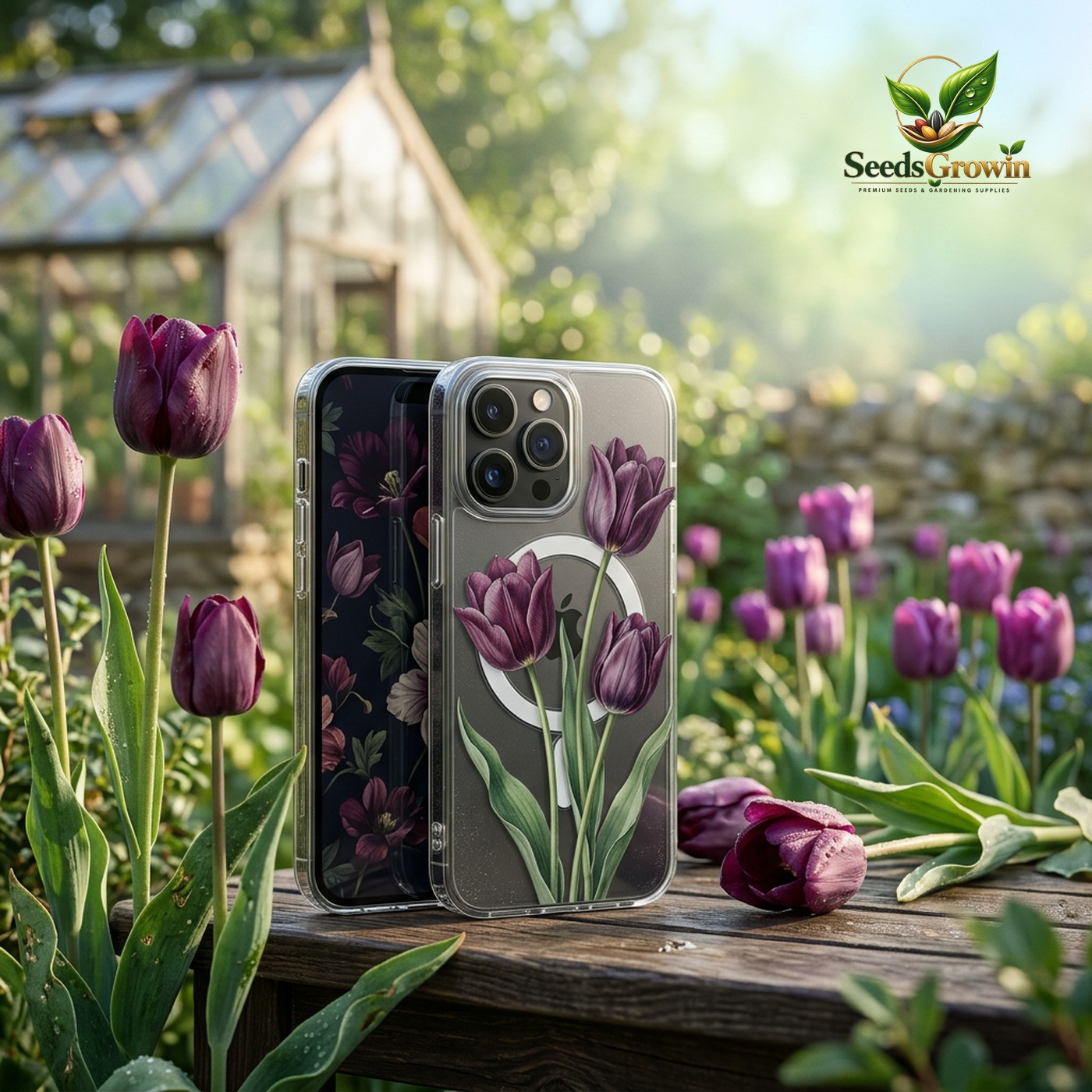 Vintage Dark Purple Tulip Floral Phone Case – Magnetic Transparent Cover - photo 2