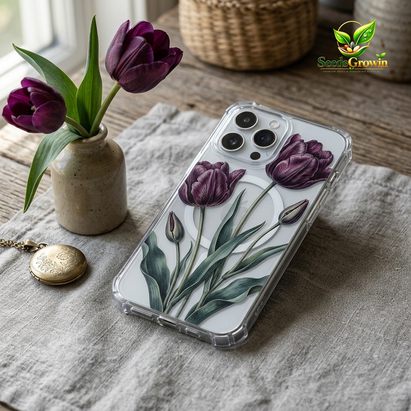 Vintage Dark Purple Tulip Floral Phone Case – Magnetic Transparent Cover - photo 3