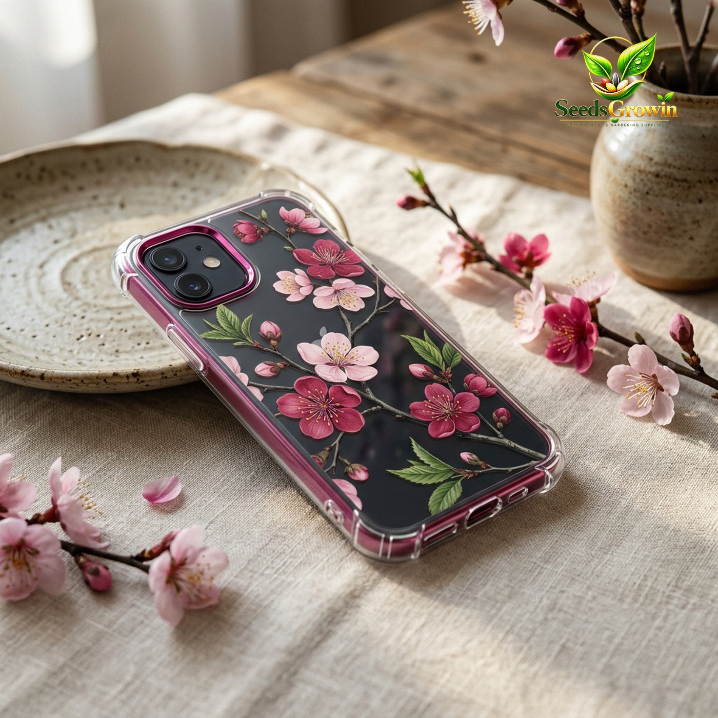 Plum Blossom Transparent Phone Cover – Electroplated Floral Airbag Case - photo 3