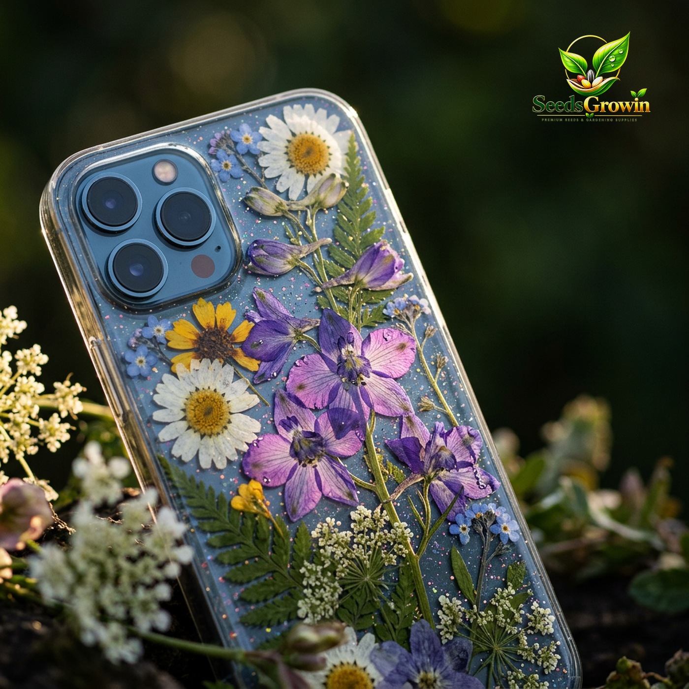 072-Real-Pressed-Flower-Phone-Case-Glitter-Epoxy-Botanical-Design-12-18-Pro-Max product image