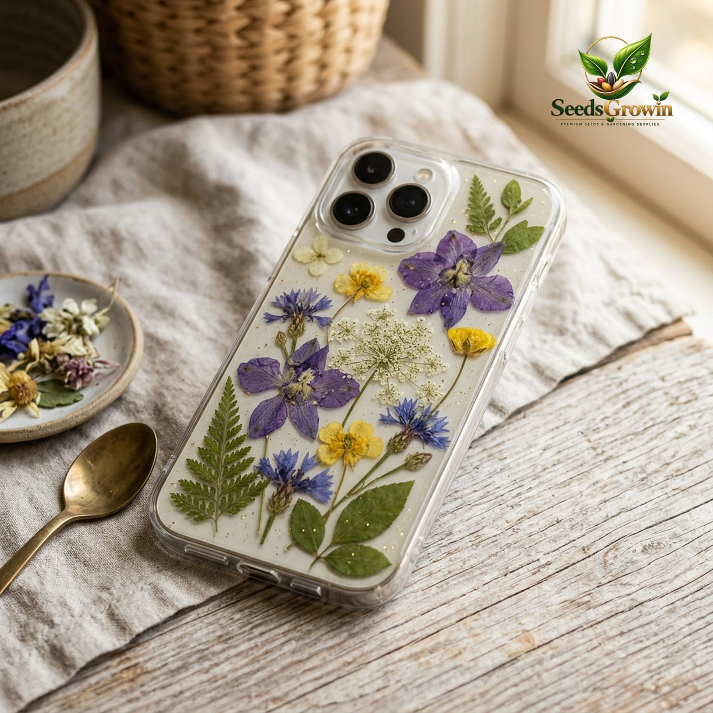 Real Pressed Flower Phone Case – Glitter Epoxy Botanical Design - photo 3