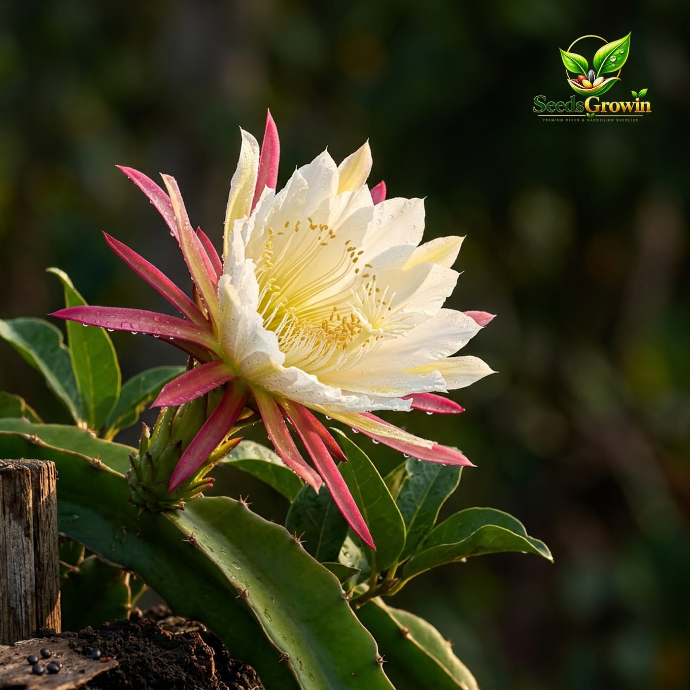Dragon fruit pitaya cactus with night-blooming flower grown from organic mixed seeds