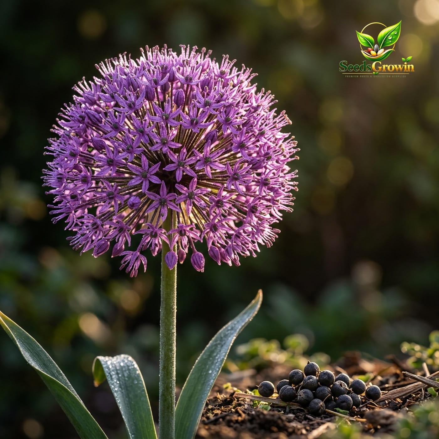 Tall purple Giant Allium Giganteum ornamental onion flower blooming in a sunny garden border