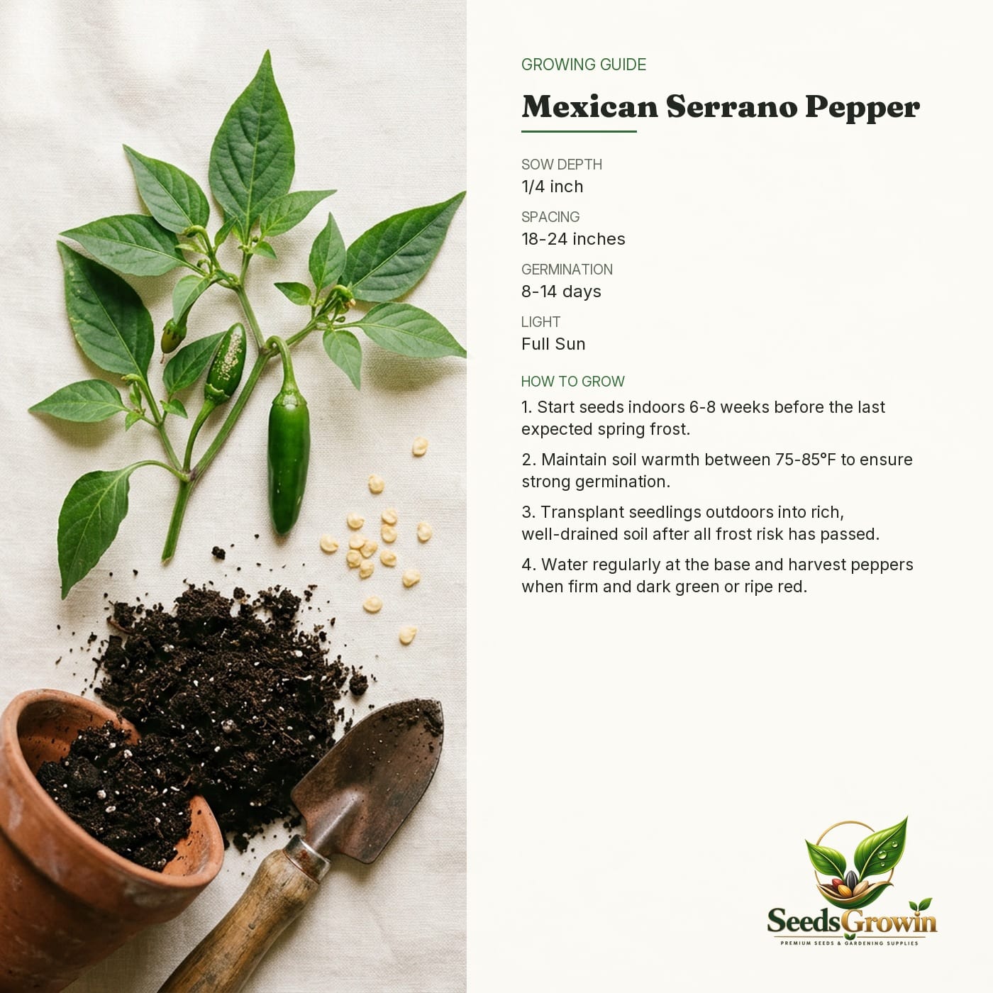 Mexican Serrano Pepper Seeds Hot Chili Heirloom Non GMO Vegetable Variety Salsa Pickling product photo for gardening and home growing