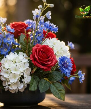Artificial Patriotic Flowers: Red, White, Blue 4th of July Arrangement – Table Centerpiece product photo for gardening and home growing