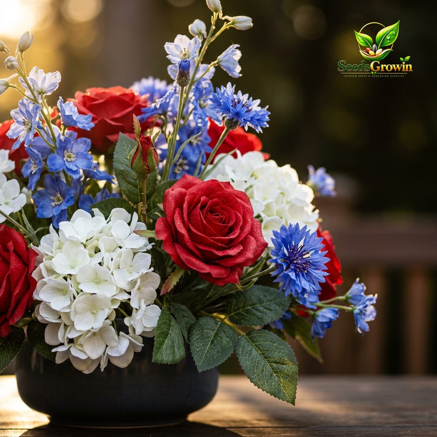 Artificial Patriotic Flowers: Red, White, Blue 4th of July Arrangement – Table Centerpiece product photo for gardening and home growing