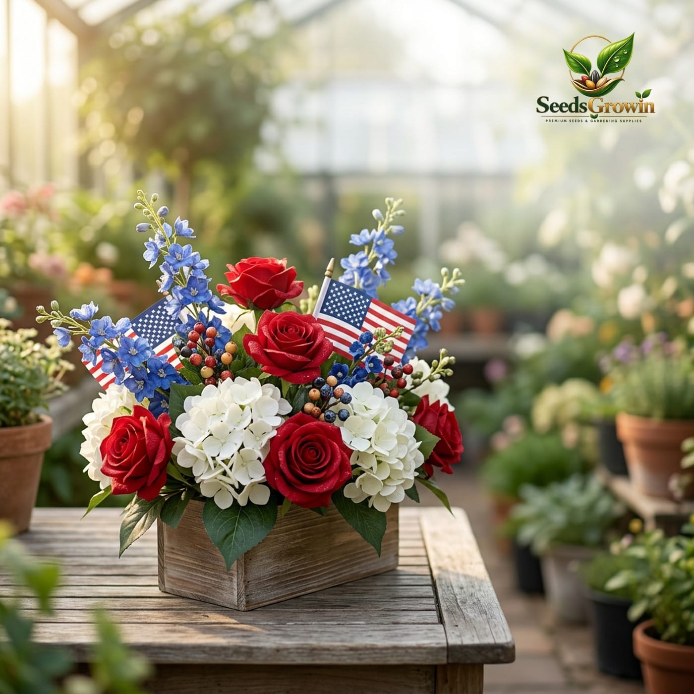 Artificial Patriotic Flowers: Red, White, Blue 4th of July Arrangement – Table Centerpiece product photo for gardening and home growing