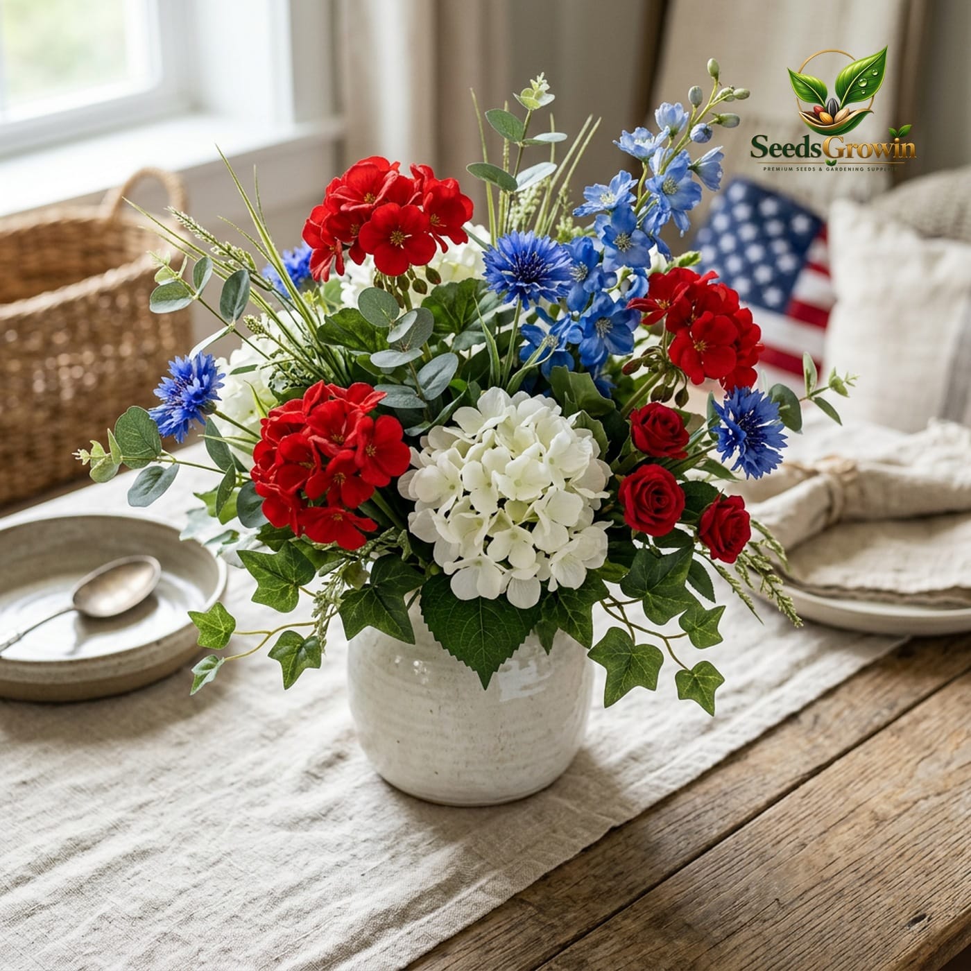 Artificial Patriotic Flowers: Red, White, Blue 4th of July Arrangement – Table Centerpiece product photo for gardening and home growing