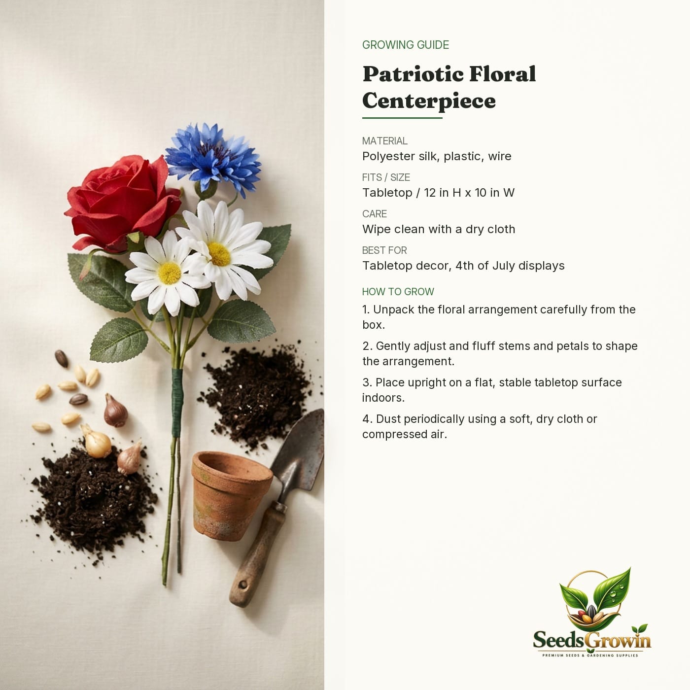 Artificial Patriotic Flowers: Red, White, Blue 4th of July Arrangement – Table Centerpiece product photo for gardening and home growing