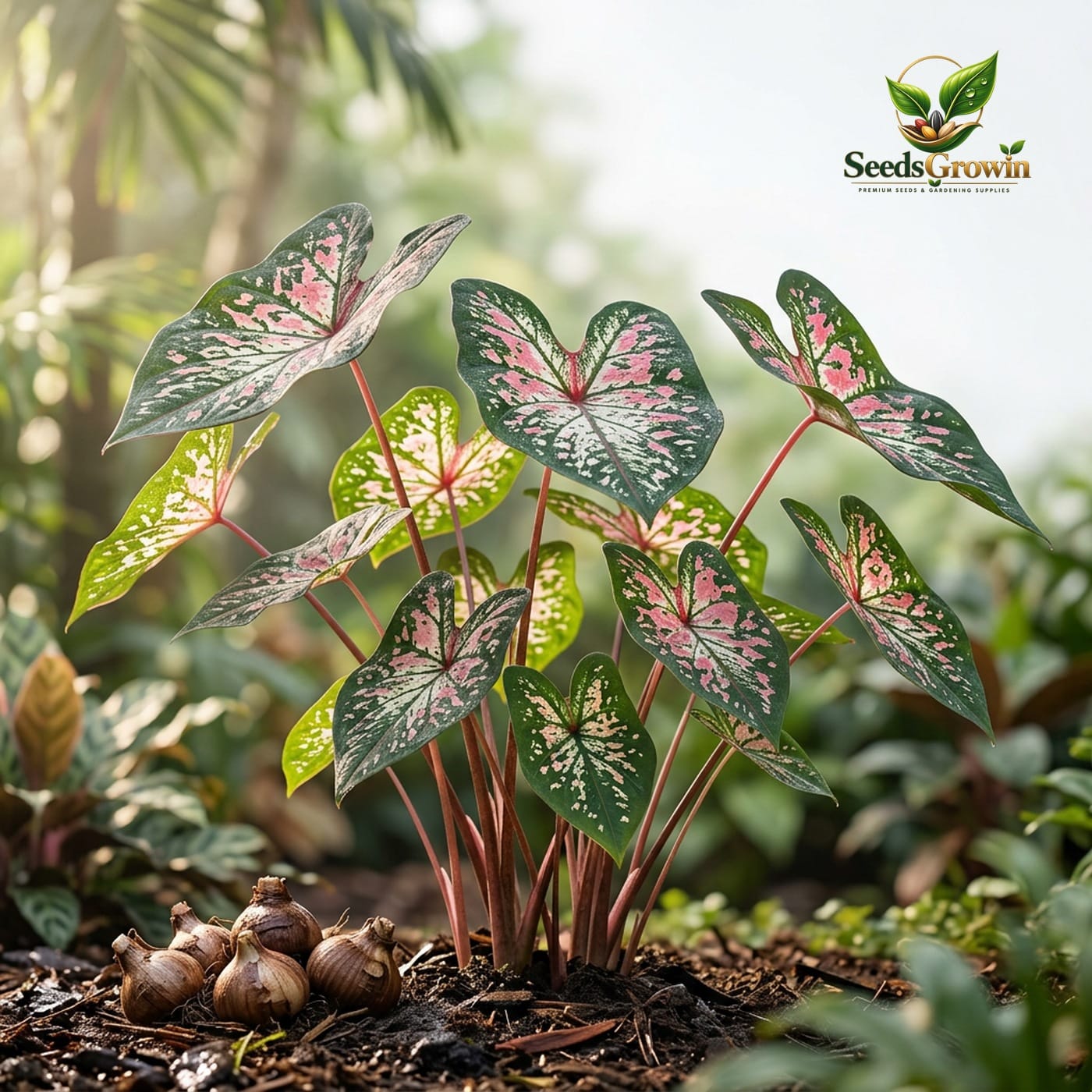 Tapestry Caladium Bulbs, Pink White Green Elephant Ears, Tropical Shade Garden Plants product photo for gardening and home growing