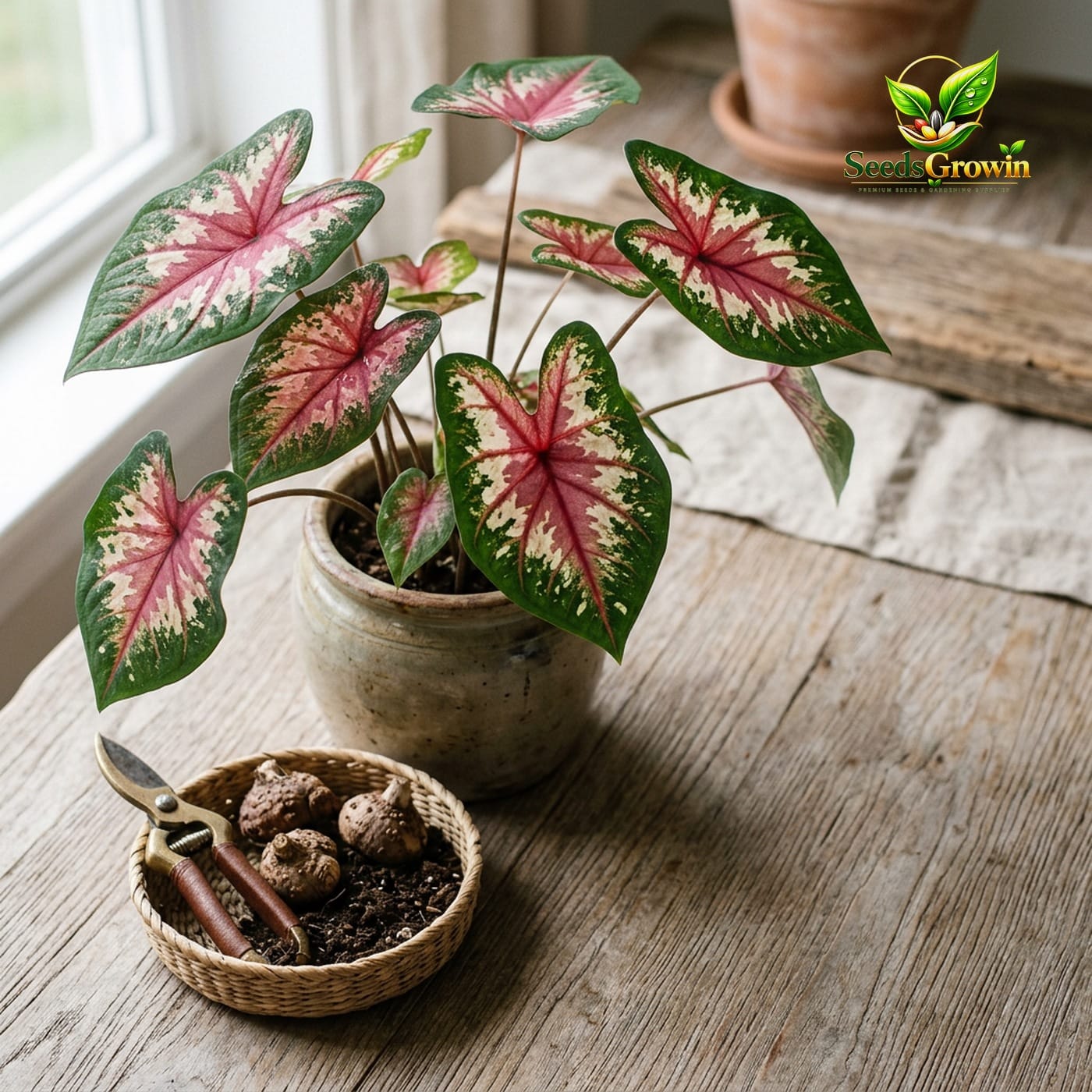 Tapestry Caladium Bulbs, Pink White Green Elephant Ears, Tropical Shade Garden Plants product photo for gardening and home growing